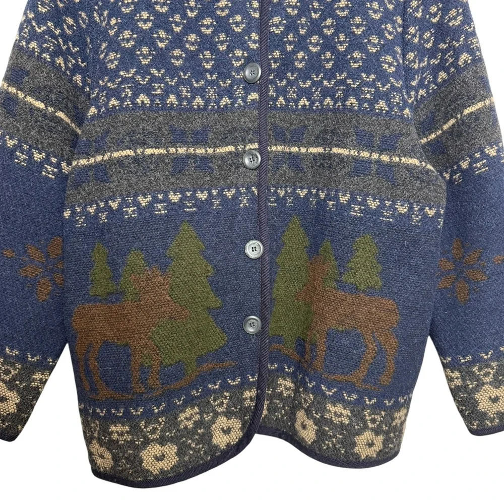 Sonoma Western‎ Rugged Wool Blend Moose Print Cardigan Sweater Navy L Cabincore